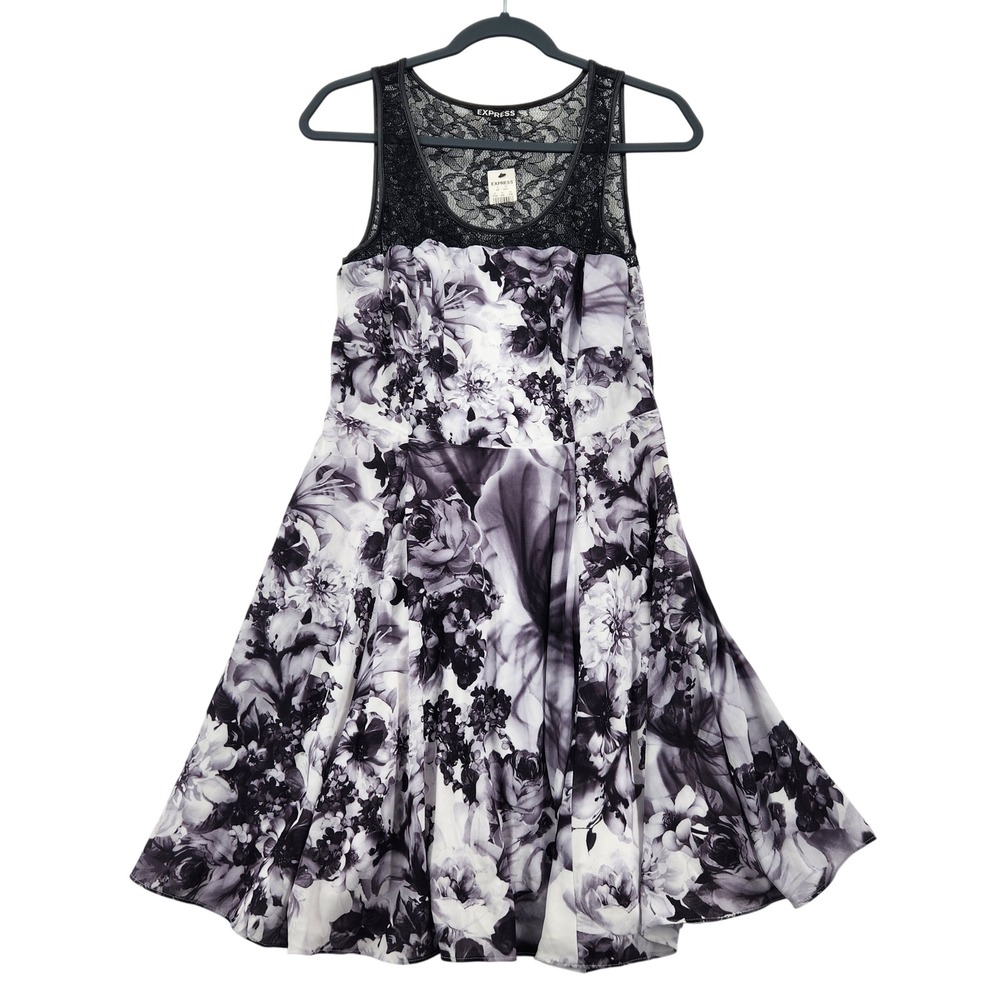 Express Womens Floral Lace Yoke Fit & Flare Dress Black White Size 8 NWT